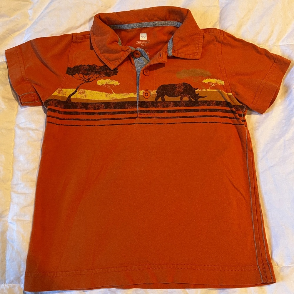 Tea Collection Boys Orange Safari Short Sleeve Polo Size 5